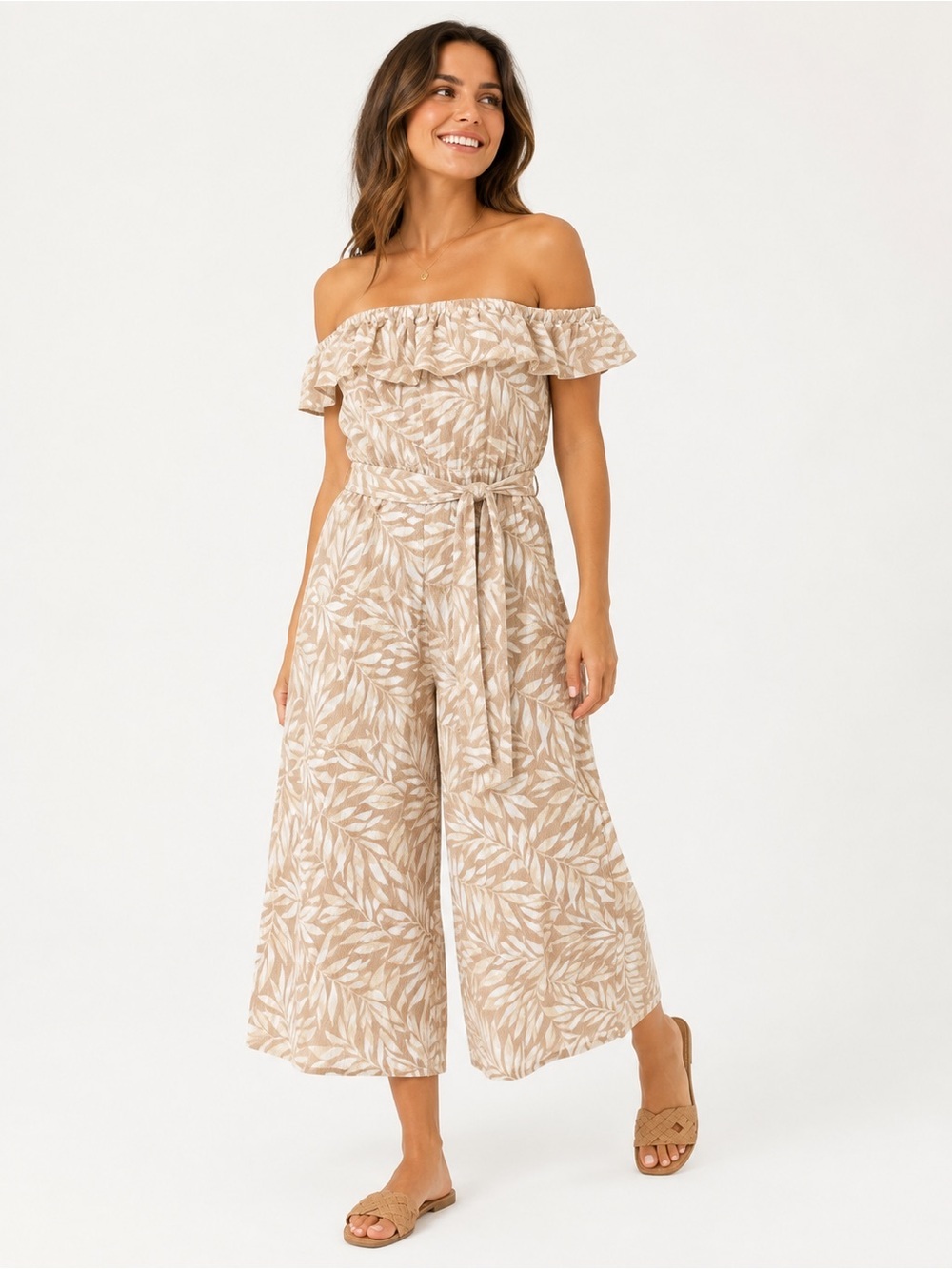 Cato Est. Medium Beige White Tropical Leaf Off Ruffle Shoulder Wide Leg Jumpsuit
